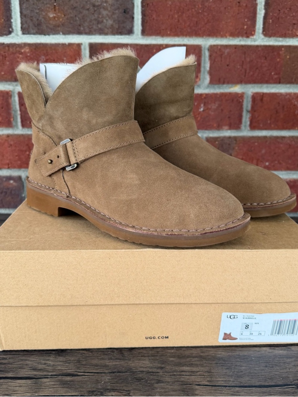 UGG Tan Suede Ankle Booties with Strap Detail